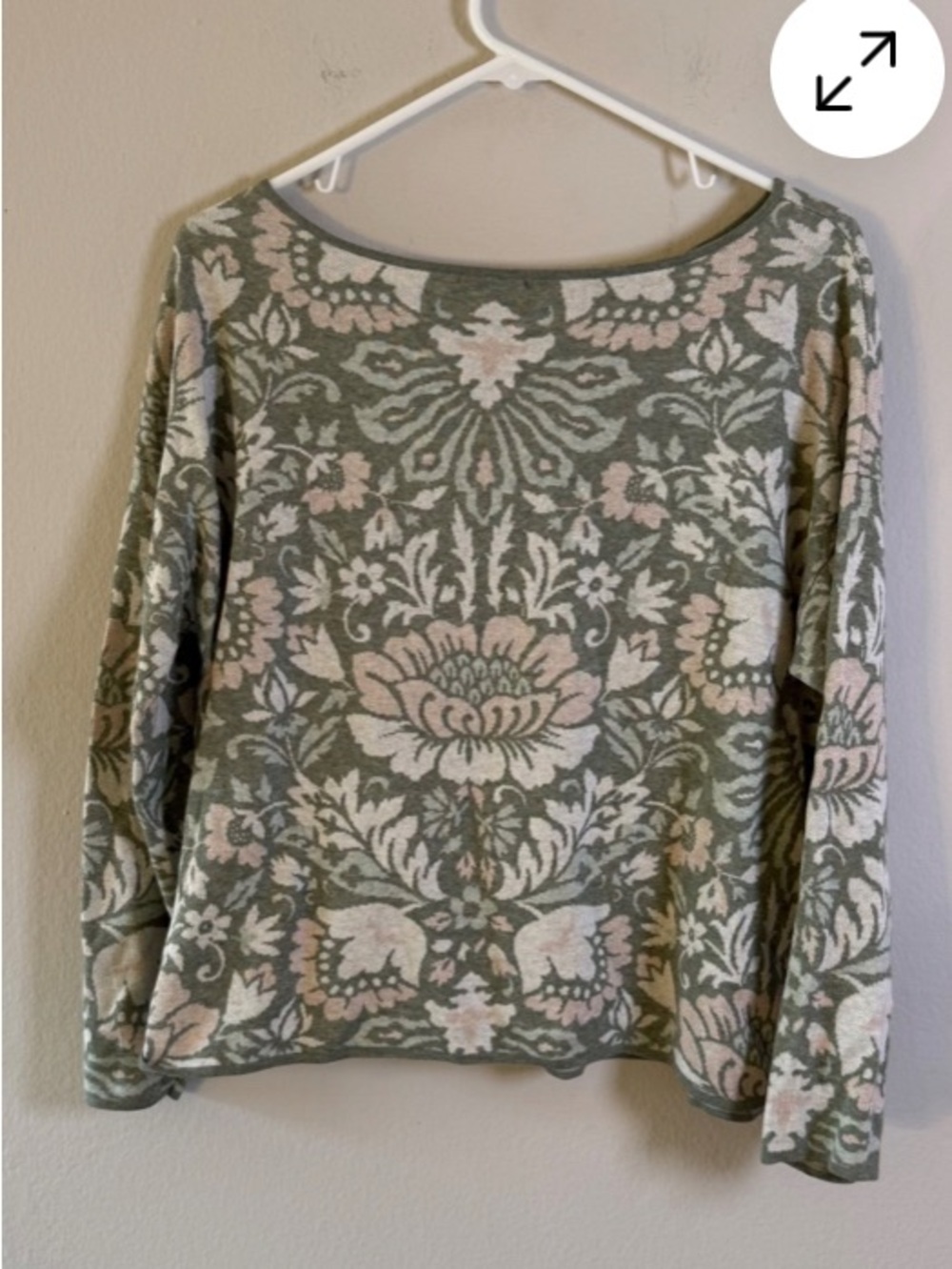 J. Jill Sage Green and Blush Pink Floral Damask Sweater